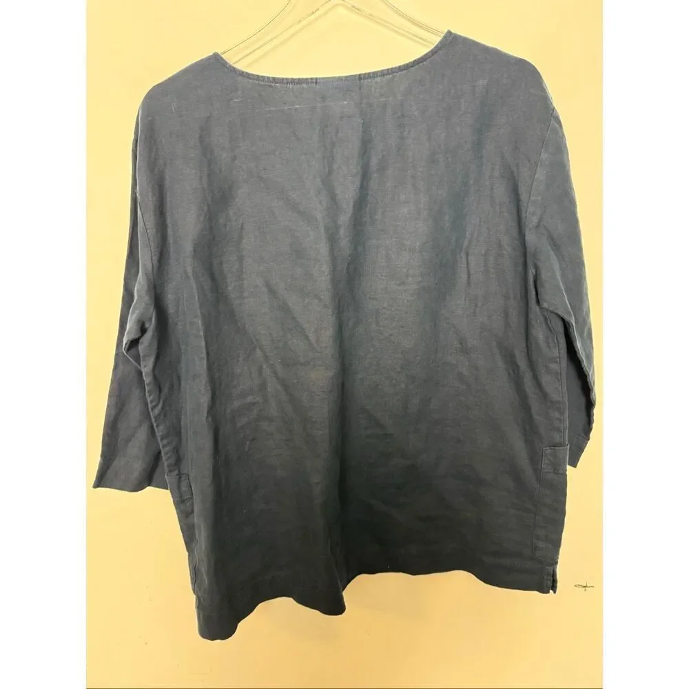 Pure Jill Blue 100% Linen Blouse Medium 3/4 Sleeve Modest Relaxed Fit Front Patc - Picture 4 of 4